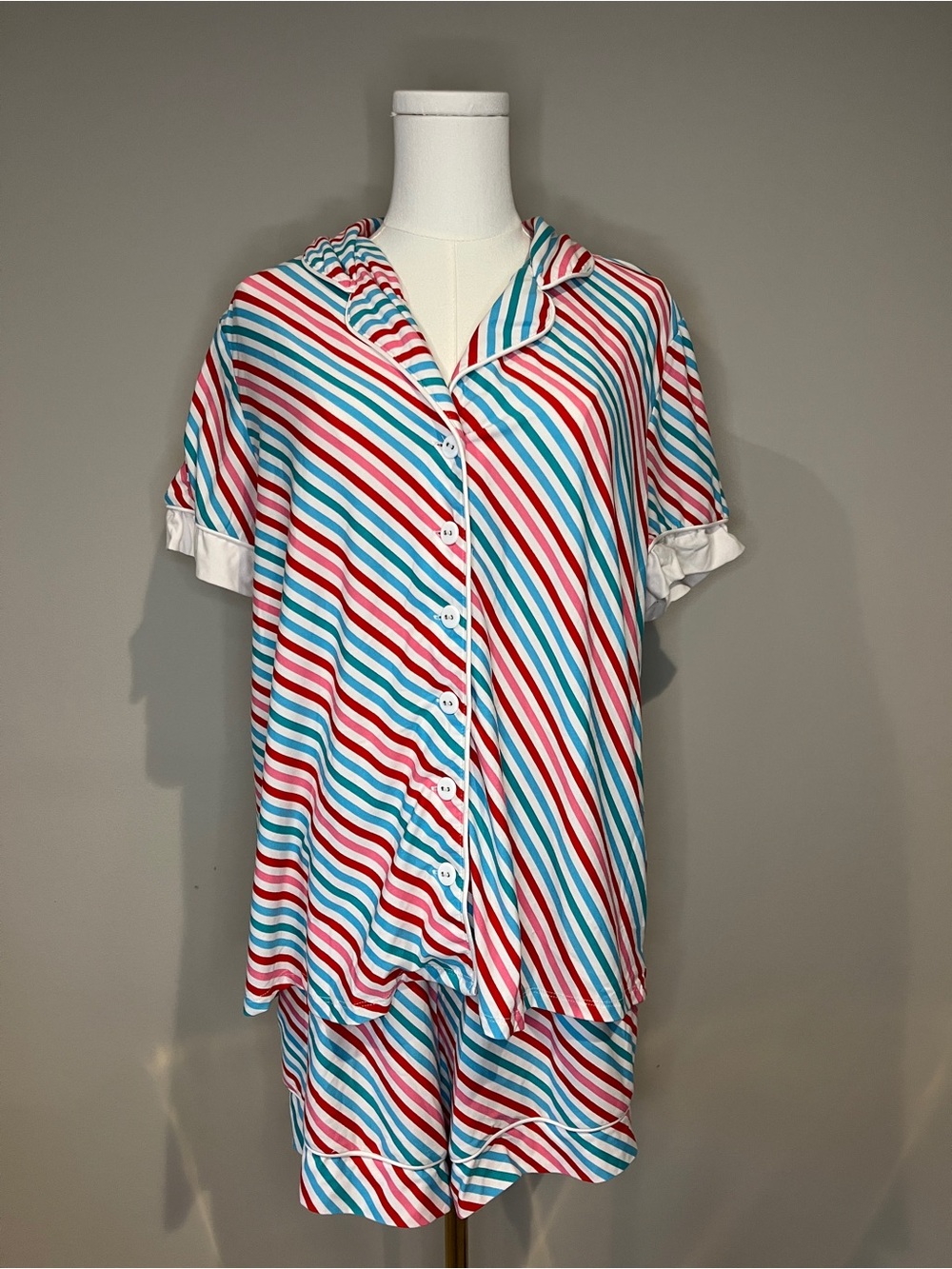 LiLaRoe Striped Short-Sleeve Pajama Set in Red, Teal & White